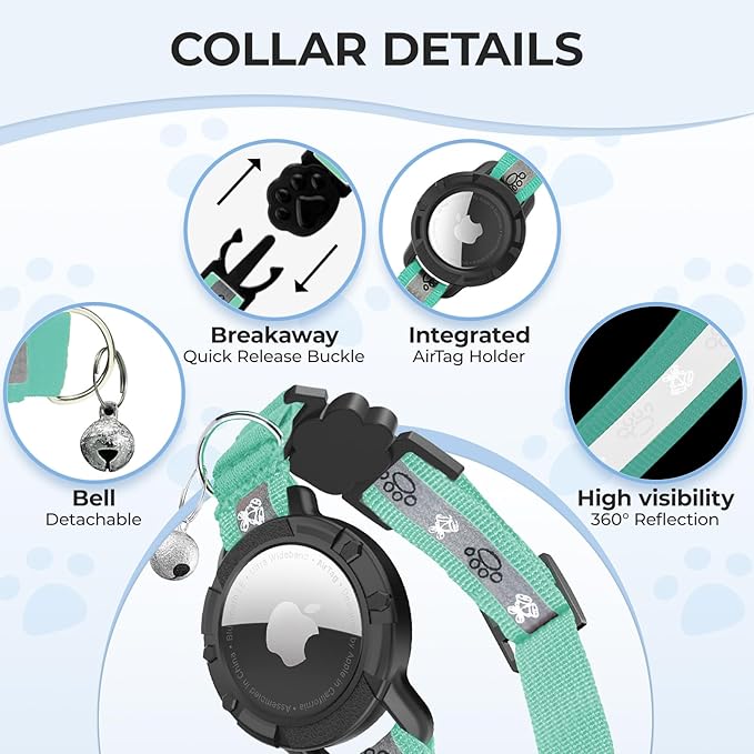 Breakaway AirTag Cat Collar, Reflective Cat Tracker Collar with Air Tag Holder and Bell, Safety Elastic Band Cat GPS Collars for Girl Boy Cats, Kittens and Puppies (Green, 8-13'')
