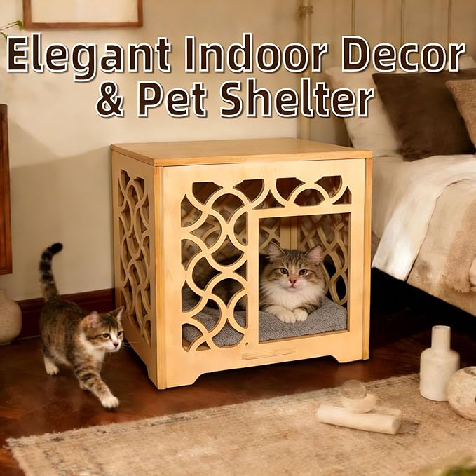 Vintage Carved Hollow Cube Cat House, Handmade Solid Wood Indoor Cat Shelter, Natural Wood Color, Easy to Assemble & Maintain, Elegant Decor for Small Cats Kittens