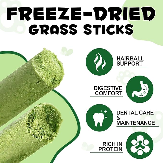 Freeze-Dried Cat Grass Sticks for Teething, High Meat Content Hairball Control & Dental Health Chews, Grain-Free Cat Treats with Chicken & Egg Yolk