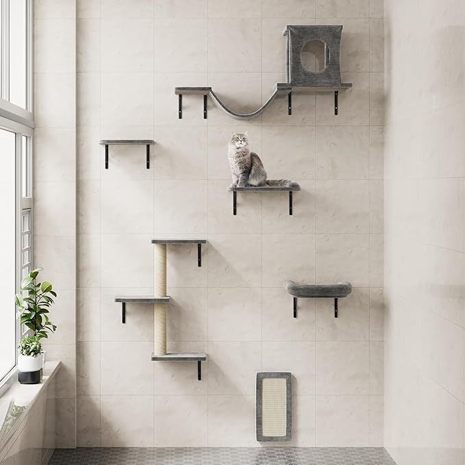 NUNU LAB Cat Wall Shelves, 6 Pcs Luxury Wall-Mounted Cat Climber Set, Indoor Cat Furniture with 1 Condos House, 2 Cat Wall Shelves, 1 Scratching, 1 Bridge Ladder, 1 Scratching Pad,Dark Gray