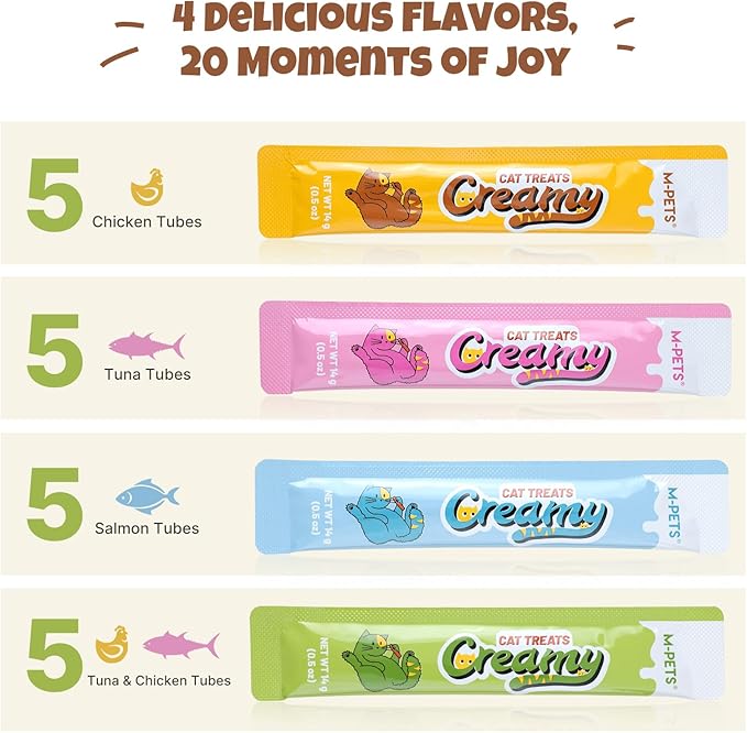 M-PETS Creamy Lickable Cat Treats – 4 Flavor Variety Pack, 80 Tubes of Healthy Squeeze Up Snacks with Functional Nutrients for Hydration, Skin & Coat, and Digestive Health – Grain Free, High Protein