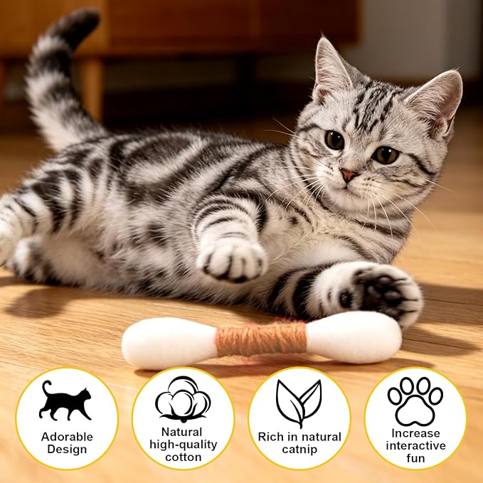 6 Pk Cotton Swabs Cat Toys with Catnip - Interactive Kitty Kicker Sticks for Indoor Cats - Durable Teething Chew Toy for Exercise and Boredom Relief for Cat Lovers