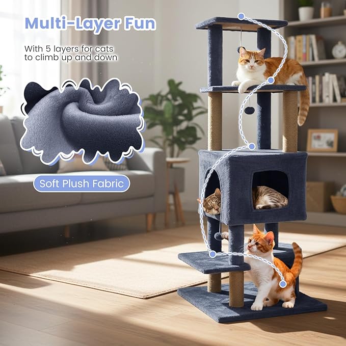 Tangkula 64 Inch Tall Cat Tree, Multi-Level Cat Tower with 2 Large Condos, Jute Scratching Posts, Plush Top Perch, Dangling Toys, Cat Climbing Furniture for Indoor Adult Cats & Kittens (Dark Gray)