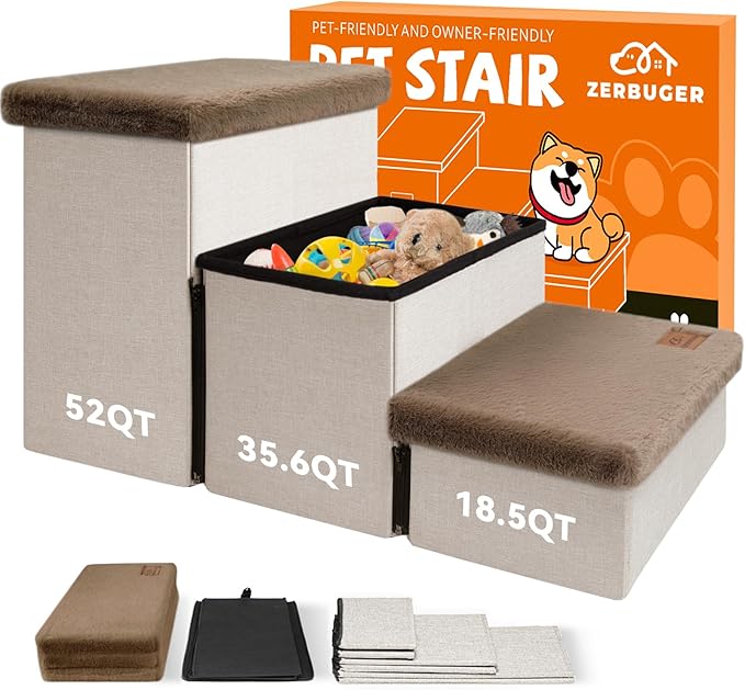 Zerbuger Dog Stairs with Furry Lids 18" H, 3-Step Wider Dog Steps with Storage for Small/Medium/Large Old Dogs Cats, Folding Sturdy Pet Stairs Climbing Bed Couch, Ramp for Car Up to 200 lbs, Khaki