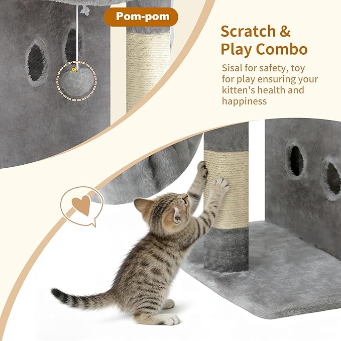 Heybly Cat Tree, 26.3-inch Cat Tower with Spacious Top Perch for Large Cats, Stair-Style Cat House Furniture with Dual-Layer Condos, Sisal Scratching Posts, Cozy Basket & Pompom, Light Gray HCT204SW
