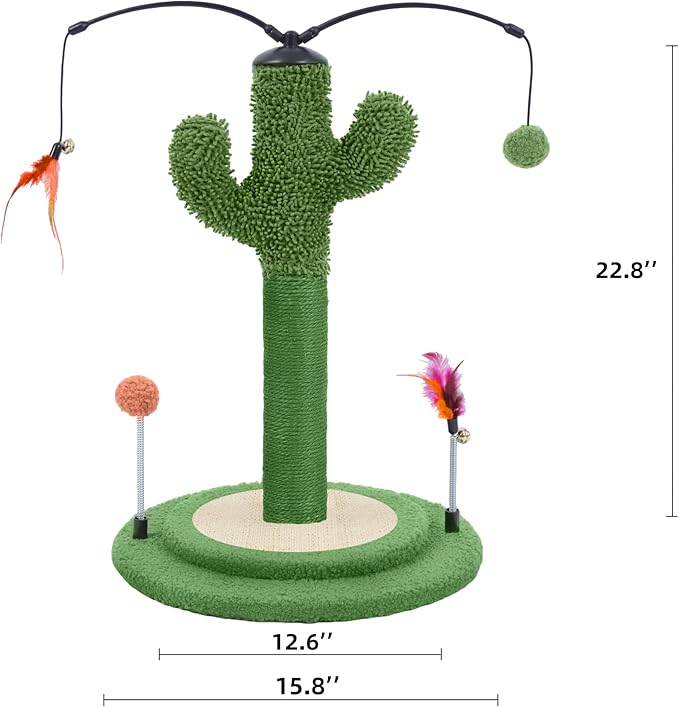 YUNIQUE Cactus Cat Scratching Post with Sisal Rope, Small Cat Tree with Dangling Balls & Feather for Kittens (Green, 22.8'')
