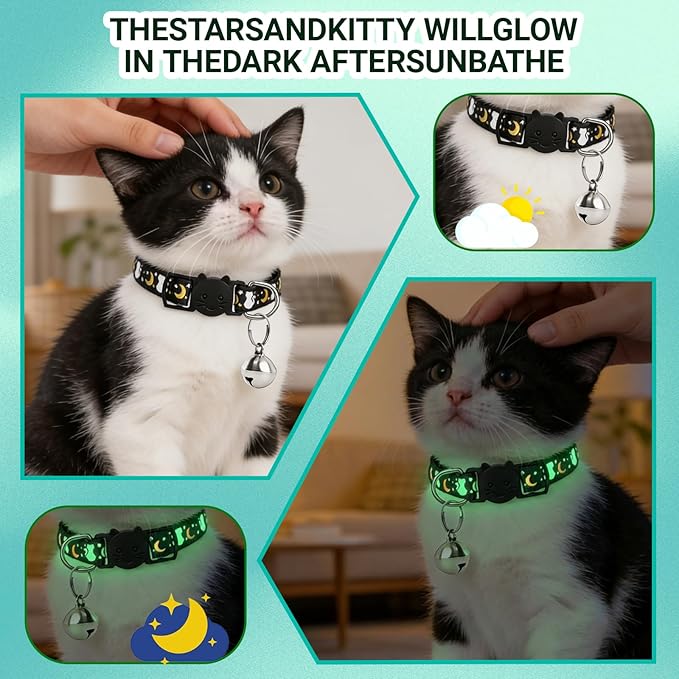 6PCS Breakaway Cat Collars with Bell, Glow in The Dark Adjustable Kitten Collars with Star Moon Pendant, 6 Color Cute Kitty Collars for Girl Boy Cats Pet Accessories