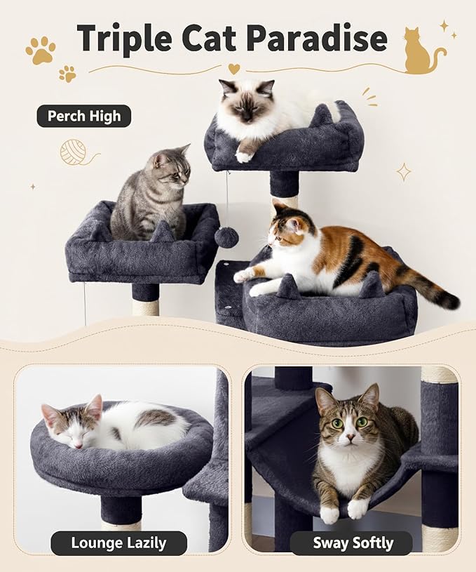 Heavy Duty Cat Tree for Indoor Cat, 71 Inch Large Cat Tower with Scratching Post and Top Perch, Hammock, Big Cat Condo for Adult Cats Kittens, PMT03DG, Dark Grey