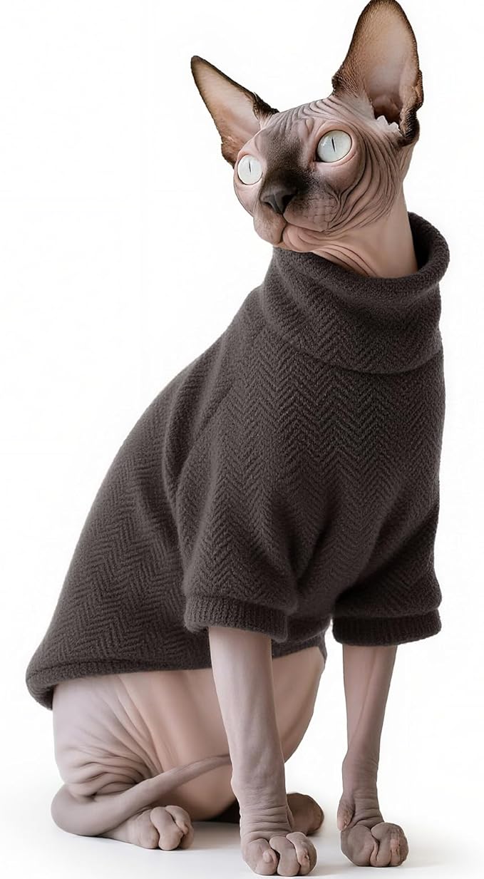 Idepet Sphynx Cat Warm Turtleneck Sweater Hairless Cats Shirt Pullover Kitten T-Shirts Thick Soft Fleece Clothes Cute Outfit Coat Pajamas for Cats and Puppy (Dark Brown, XX-Large)
