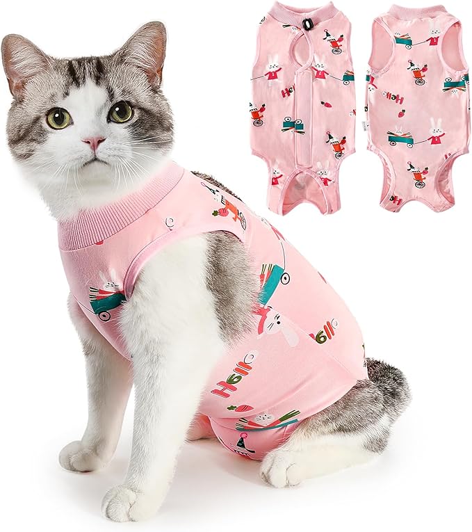 SlowTon Cat Recovery Suit - Cat Onesie for Cats After Surgery, Spay Suit for Abdominal Wounds, E-Collar Alternative Bodysuit Shirt Anti-Licking (Pink, L)