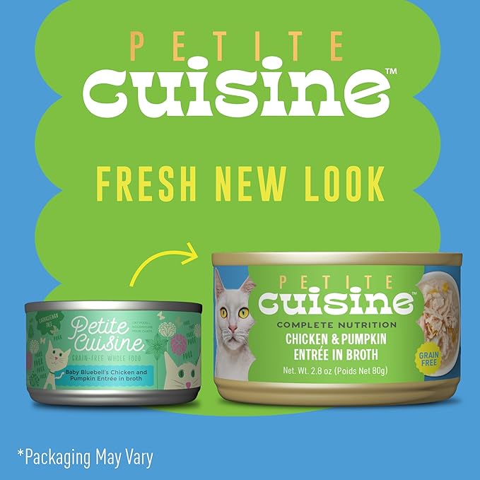 PETITE CUISINE Whole Foods Wet Cat Food, Chicken & Pumpkin Entree in Broth, 2.8 oz. Can (24 Count)