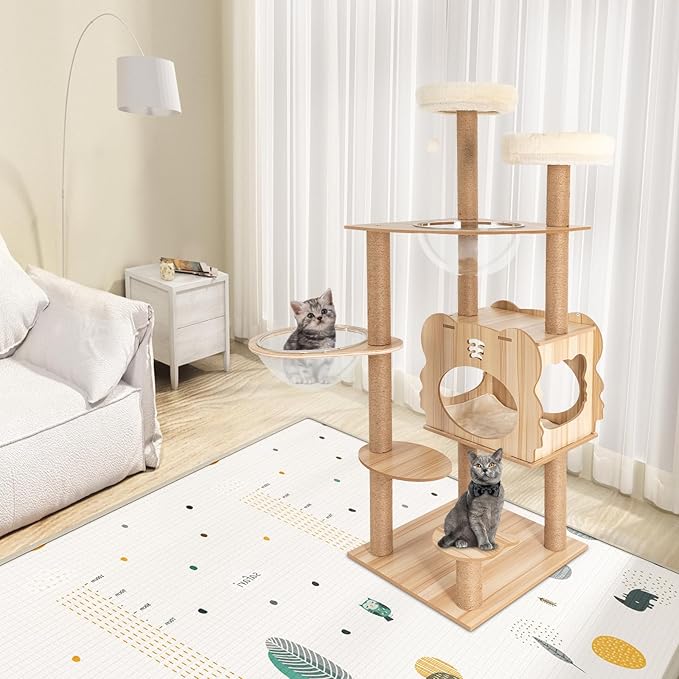 Modern Cat Tree Tower, Indoor Multi-Level Large Cat Condo with Scratching Posts & Acrylic Dome, Floor Standing MDF 54 Inch Round Top Perch Cats Furniture Bed House for Kitten
