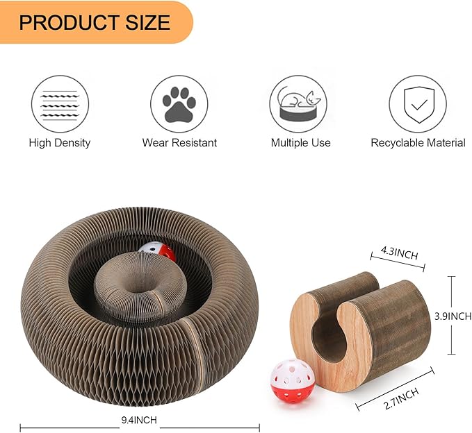 FluffyDream Magic Organ Cat Scratching Board, Interactive Scratch Pad with a Ball, Cat Scratcher for Grinding Claw, Recyclable and Durable, Furniture Protector, Retractable, Brown, Reversible