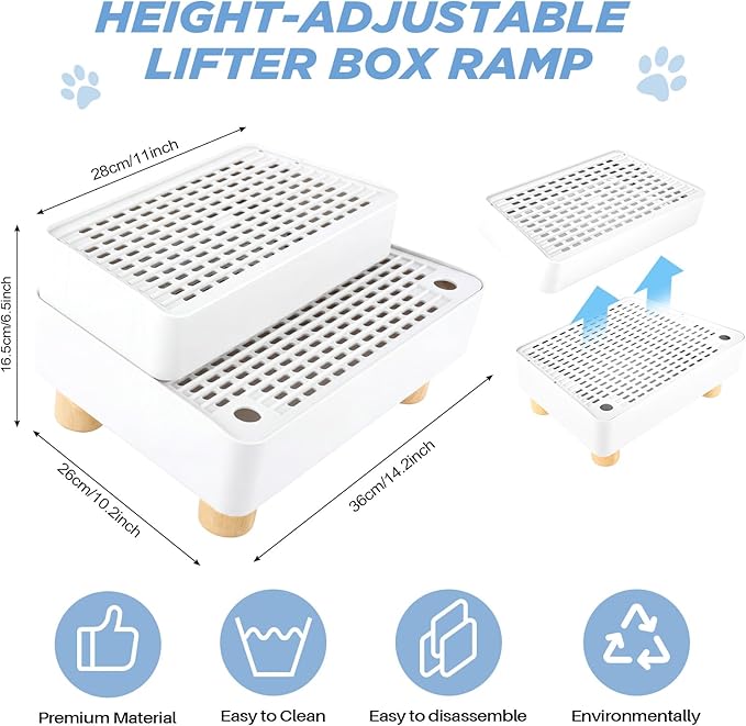 Adjustable 2 Steps Litter Box Ramp, Cat Litter Catcher Mat with Wooden Feet, Filter Function, Litter Box Step for Small & Elderly Cats, Fits Automatic Litter Boxes (White)