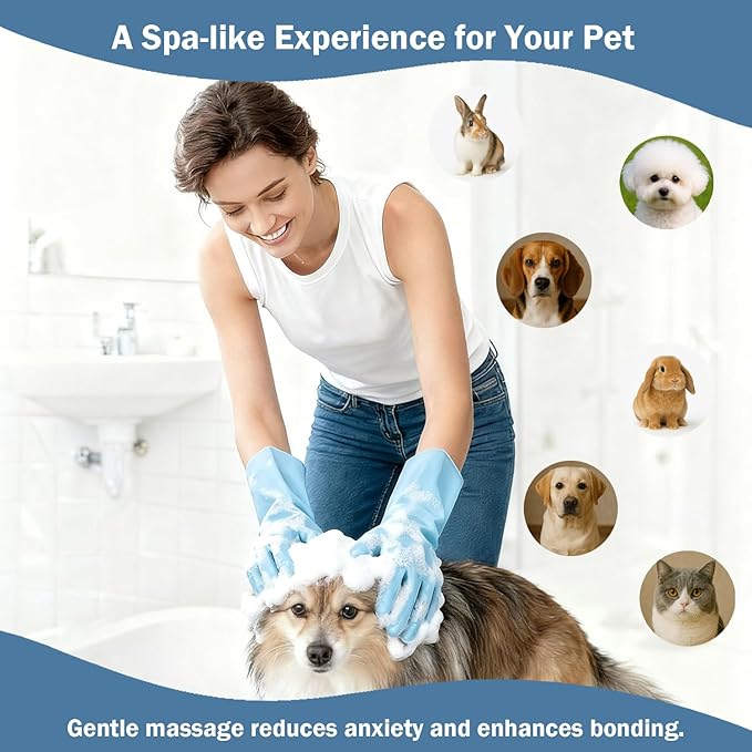 Pet Grooming Gloves for Cats Dogs, 3000 Silicone Grooves Bathing Gloves, Wet Dry Dual Use Washing Massage Gloves, Pet Bath Supplies for Gentle Cleaning Grooming（Blue）