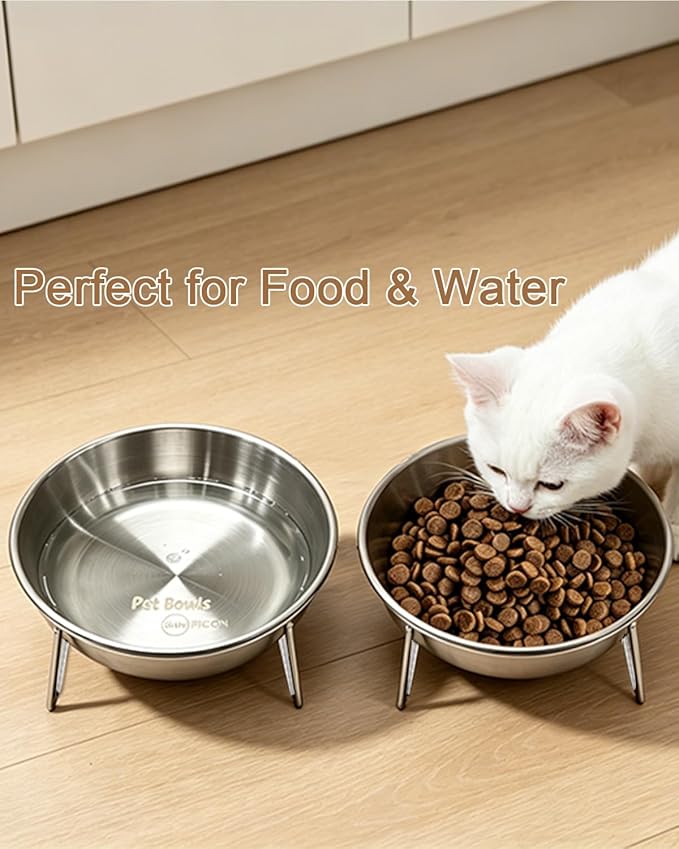 15° Tilted Cat Food Bowls 304 Stainless Steel Kitten Food Bowl Raised Food and Water Dish for Cats Elevated Cat Bowl Plate Stand Whisker Friendly Smooth Polished Easy to Clean Dishwasher Safe 2PACK