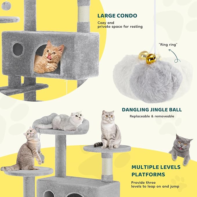 DUMOS 54 Inch Cat Tree Tower, Indoor Multi-Level Pet House for Large Cats with 2 Condos, Scratching Posts, Round Platform, Small Ladder, and Toys, Light Grey