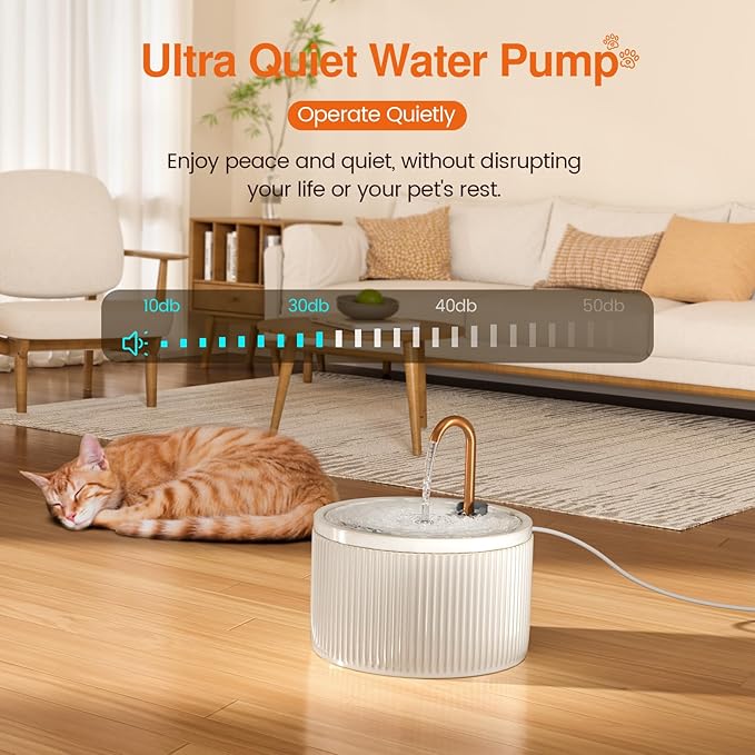 MISFANS Ceramic Cat Water Fountain - 2.1L/71oz - All-Ceramic Body & Pure Copper Water Spout - Non-Toxic - Automatic Pet Drinking Fountain Indoor with Ultra-Quiet Pump, and 3Pcs Filter & Sponge (Beige)