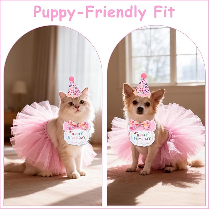 5Pcs Cat Birthday Decorations, Adjustable Cat Birthday Hat Bandana Tutu Skirt Collar Bow & 9 Number Stickers 0-8, Kitten Costume Outfit Decorations for Anniversary of Birth, Small Dog Friendly (Pink)