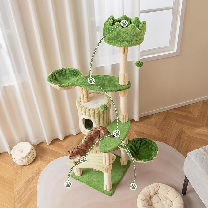 Tangkula 63 Inch Tall Cat Tree, Cute Green Cat Tower with 2 Condos, Plush Top Perch, 2 Basket Beds, Sisal Scratching Posts, 2 Dangling Balls, Slide Platform, Large Aesthetic Cat Tree for Indoor Cats