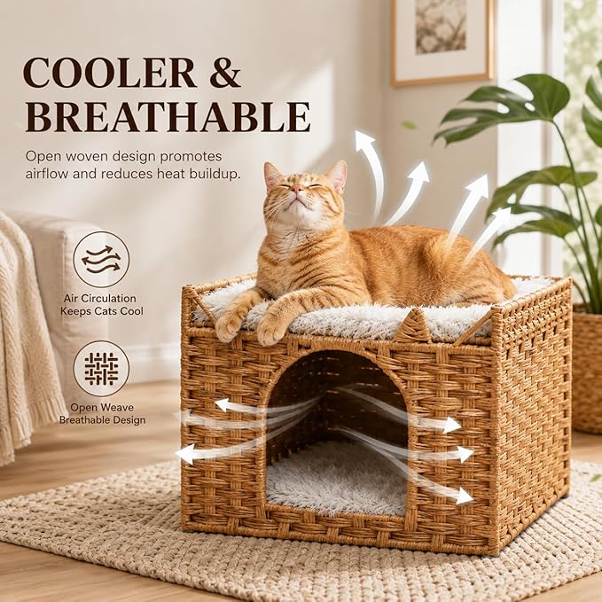 Cat Bed with Ears - Handwoven Rattan Cat Cave House for Indoor Kittens, Foldable Hideaway with 2 Removable Cushions, 16.5x16.5x13.2 Inch Natural Pet Cube for Living Room/Bedroom Natural