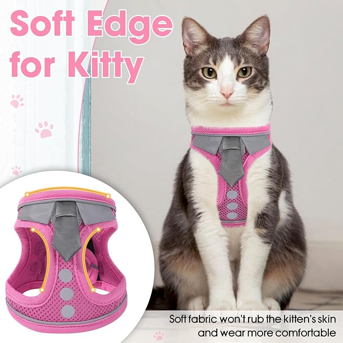 Cat Harness and Leash Set for Walking Escape Proof, Soft Adjustable Kitten Harness Breathable Mesh with Reflective Strips Harness for Kitty Puppy Bunny(Pink,XS)