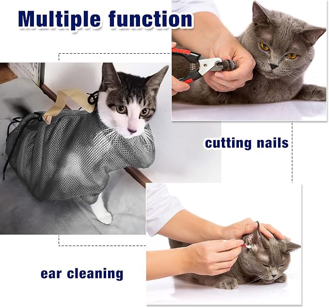 2 Pieces Cat Grooming Washer Mesh Bag Cat Muzzles Breathable Mesh Muzzles Adjustable Kitten Scratch Resistant Kitty Restraint Clothes Kitty Bath Bag for Bathing Nail Trimming Feeding(Gray)