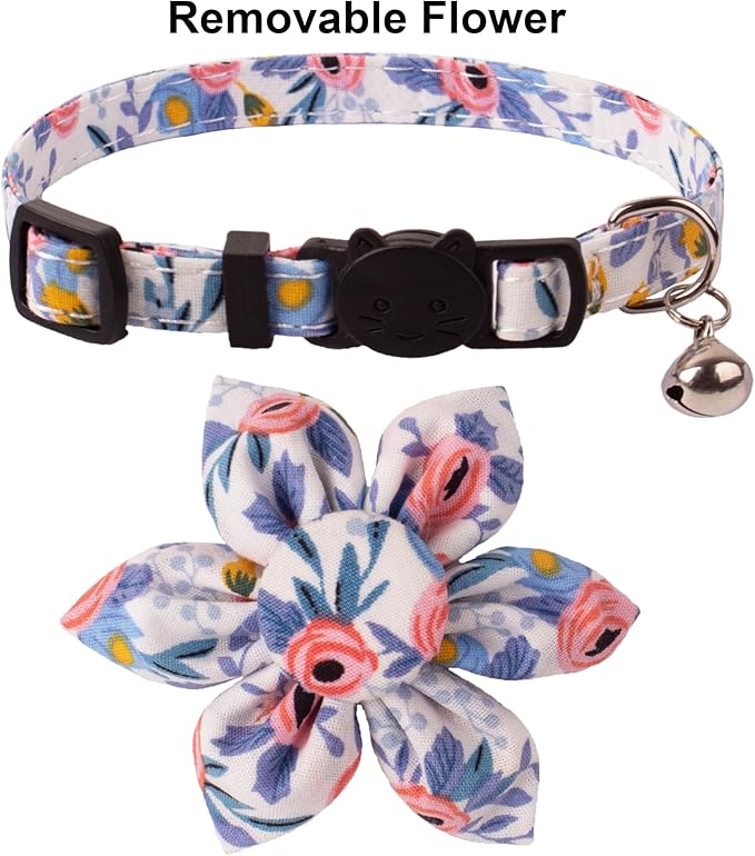 ADOGGYGO Floral Cat Collar with Bells, 2 Pack Girl Kitten Collar with Removable Floral, Adjustable Flower Collars for Cats (Orange & Blue)