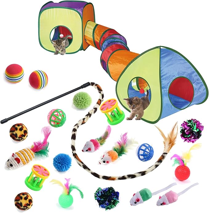 GONPETGP Cat Toys for Indoor Cats, Kitten Toys Set, Collapsible Pet Tunnel Cube Tent Toys, Interactive Cat Feather Teaser Wand Cat Bell Balls Fuzzy Ball Springs Mouse Toys (Rainbow)