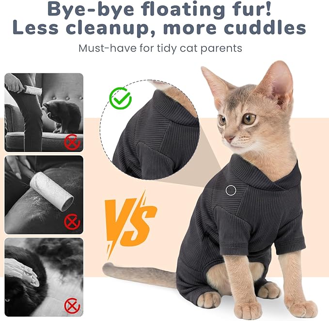 Sticky Hair Cat Clothes, Breathable & Lightweight, Reduces Shedding Fur Pajamas, Full Body Long Sleeve Surgical Bodysuit, Stop Licking & Shedding Darkgrey XS
