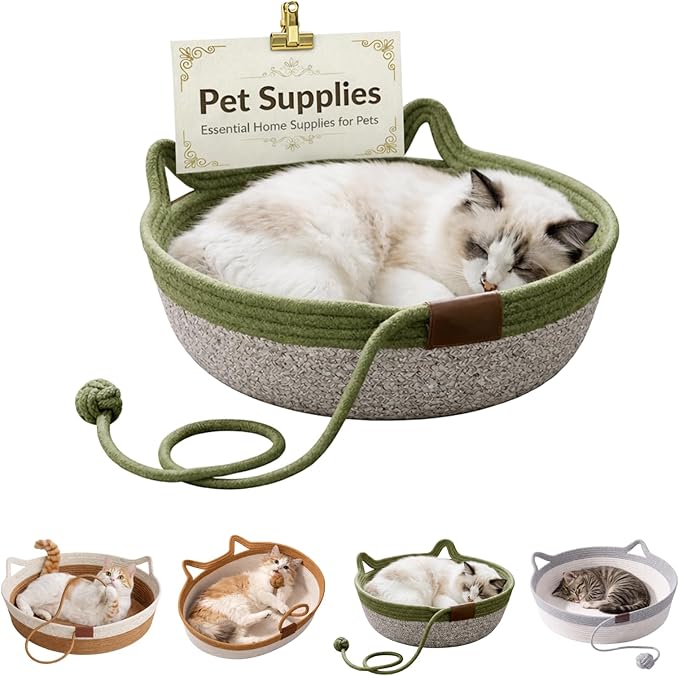 Interactive Cat Bed Basket Handwoven Cotton Rope Stimulicat Cat Basket with Toy Ball, Foldable Scratchable Instinct Basket for Cats & Kittens Stimuli Cat Basket Nest