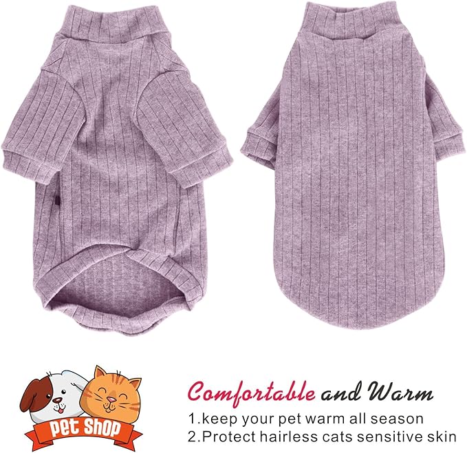 Idepet Sphynx Hairless Cats Sweater Shirt Kitten Soft Puppy Clothes Pullover Cute Cat Pajamas Jumpsuit Cotton Apparel Pet Winter Turtleneck for Cats and Teacup Chihuahua Small Dogs(Purple,XS)