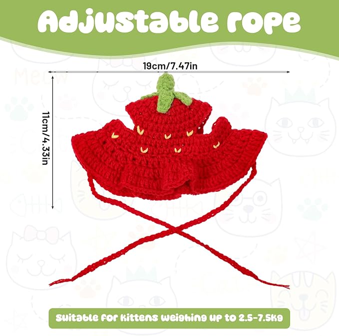 Thinp Strawberry Cat Hat, Cotton & Soft Cute Knitted Hats for Cats Crochet Cat Hat Birthday Holiday Party Christmas Knit Puppy Hats for Small Pets (Red, M)