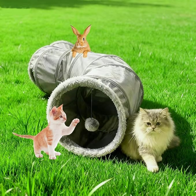Cat Tunnel Tube Toy Collapsible 2 Way Grey Fleece, Pet Tunnels for Indoor Cats, Long Tubes for Puppy, Kitty, Kitten, Rabbit for Playtime & Exercise with Interactive Ball and Wand Toys Kit