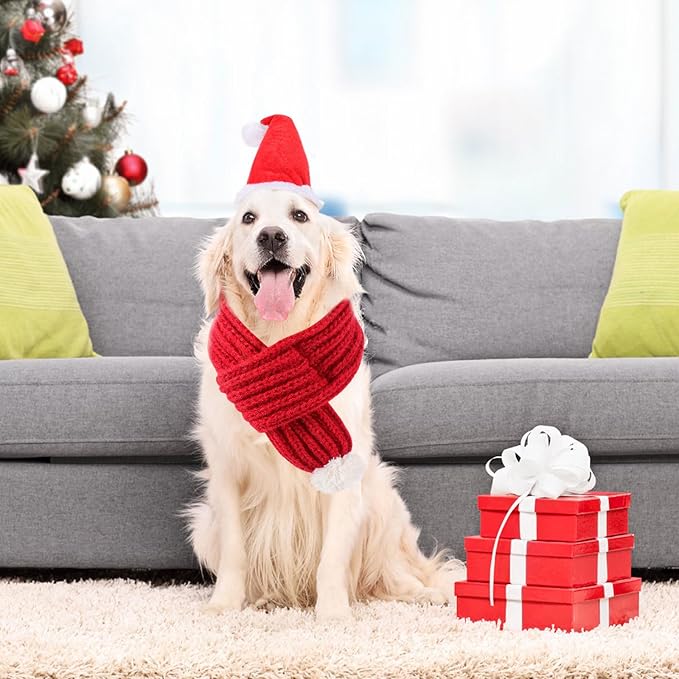 QKURT Pet Christmas Hat and Scarf Set, Dog 3D Santa Hat Adjustable Knitted Scarf Holiday Outfit Costumes for Small Medium Large Dogs Cats Pets