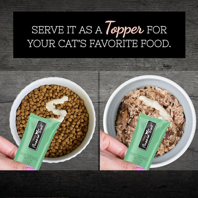 Fussie Cat Mackerel and Beef Puree, lickable cat Treats, 0.5oz Pouch Pack of 4