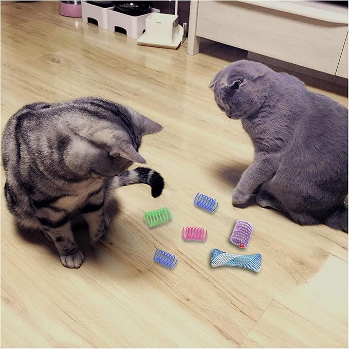WishLotus Spring Cat Toys - 20pcs Colorful Cat Spring & Tube Toys with Telescopic Mesh Pole for Kitten Chew & Jumping Playtime