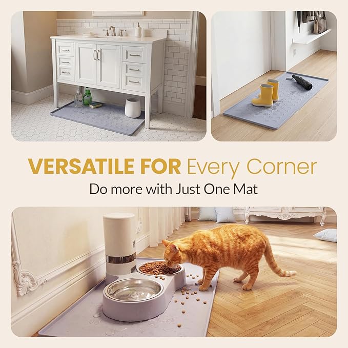 Silicone Pet Feeding Mat - 100% Waterproof Dog & Cat Bowl Pad with Raised Edges - Protects Floors from Messy Eaters & Spills - Anti-Slip, 100% PET-Safe, Dishwasher Safe (Grey 22" x 14")