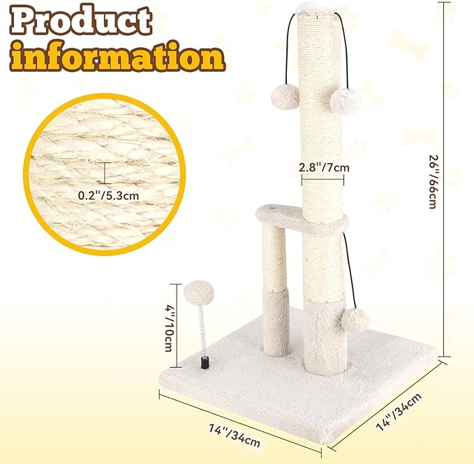 Dimaka Tall Cat Scratching Post, Double Lower Posts Extra Stable Cat Post Tree Scratcher with Sisal Rope and Teasing 4 Balls Total Large Base (Beige)