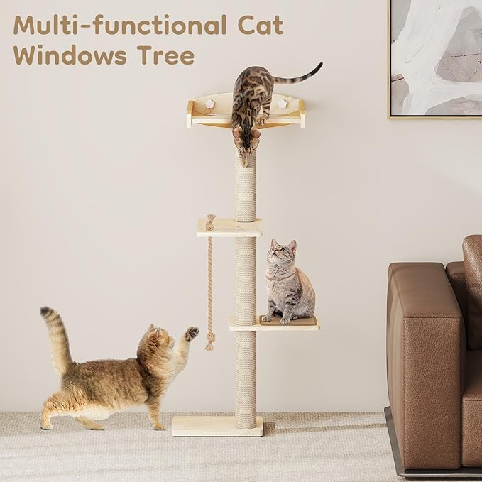 Yafylly Cat Window Perch with Scratching Post & Step, 47" Adjustable Window Perch for Large Cats, Cat Hammock for Window with Suction Cups, Multi-Level Cat Tree for Climbing, Sunbath, Bird Watching