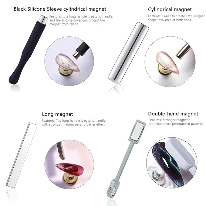 BORN PRETTY Nail Magnet Set,7Pcs Cat Magnetic Eye Gel Nail Polish Magnet Tools Powerful Set Wand Magnet Nails Polish Square Round Magnet Stick Double Ended Nail Salon Art Design Tools