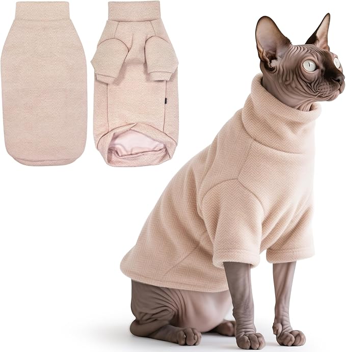 Idepet Sphynx Cat Warm Turtleneck Sweater Hairless Cats Shirt Pullover Kitten T-Shirts Thick Soft Fleece Clothes Cute Outfit Coat Pajamas for Cats and Puppy (Pink, X-Large)