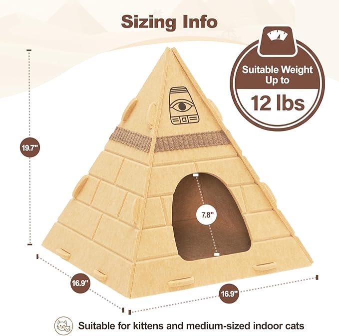 Cat House for Indoor Cats, Scratch-Resistant Cat Cave, Felt Cat Hideaway with Pharaoh Headdress, 17x17x20