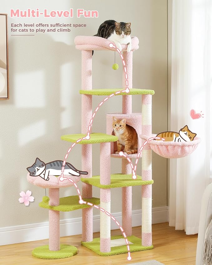 MUTTROS 59" Flower Cat Tree, Tall Cat Tree for Large Cat, Multi-Level Cat Tower, Cute Cat Tree for Indoor Cats, Cat Condo with Large Hammock, Scratching Post, and 2 Perches, Pink