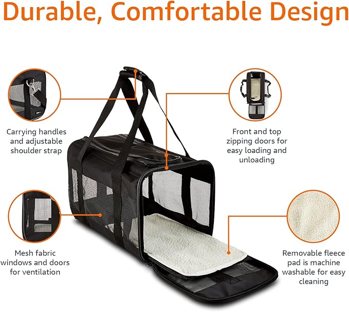 Amazon Basics Airline Approved Soft-Sided Mesh Pet Travel Carrier with Shoulder Strap, Removable Washable Fleece Pad, Top Opening, Ventilation for Dog, Cat, up to 22 pounds, 19.7Lx12Wx12H in., Black