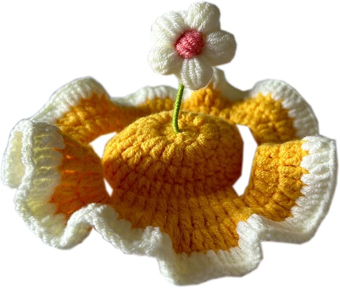 Cute Flower Cat Hat Crochet Collar, Birthday Party Kitten Costume for Puppy, Pet and Small Animals(Yellow, Medium)