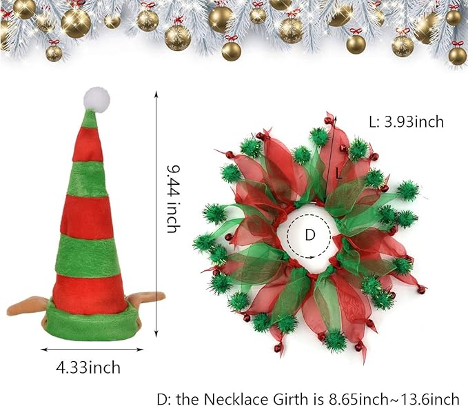 Cat Christmas Costume Elf Hat and Bell Collar Xmas Pet Costume Accessories for Cat and Puppy 2Pcs