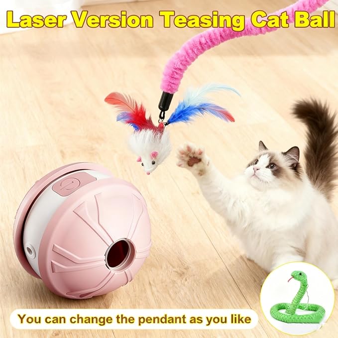 Interactive Cat Toy Ball for Indoor Cats, 2-in-1 Smart Moving Cat Ball with Feather Accessories, Automatic Kitten Toys for Bored Indoor Cats, USB Rechargeable Ideal for Small and Medium Cats