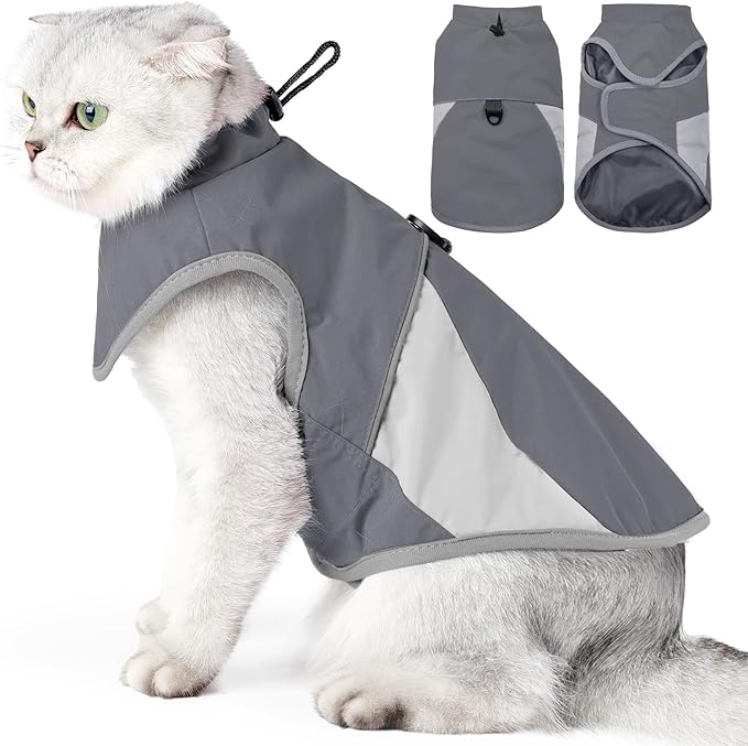 ETIAL Reflective Cat Winter Jacket, Adjustable Cold Weather Cat Clothes Outfit Apparel with Traction Buckle, Windproof Waterproof Warm Cat Vest for Walking Hiking (Grey,S)