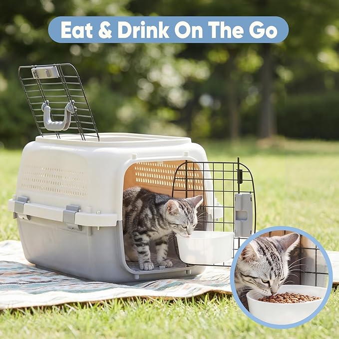 DUMOS 23" Hard-Sided Pet Carrier for Small Dogs & Cats, Airline Approved Travel Crate with Enhanced Security Latches, Front & Top Load Wire Door, Food Bowl for Traveling, Hiking, Camping, Beige&Grey